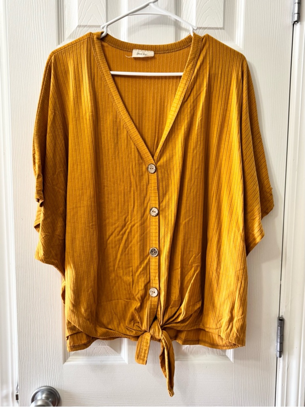 Free Kisses Plus Size 2X Women’s Mustard Yellow Tie-Front Button V-Neck Top - Picture 2 of 6